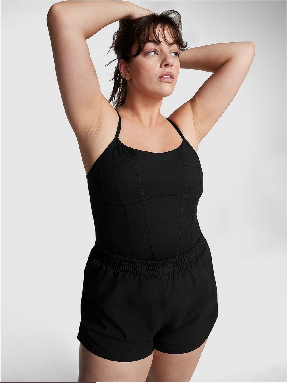 NWT Pink by Victoria’s Secret Black Square Neck Tank Bodysuit Runsie Size L